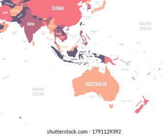 Australia and Southeast Asia map. High detailed political map of australian and southeastern Asia region with country, ocean and sea names labeling.