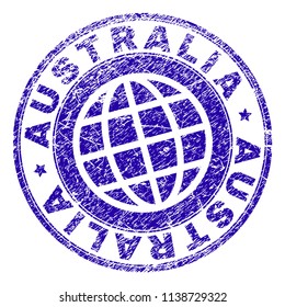 AUSTRALIA stamp imprint with grunge texture. Blue vector rubber seal imprint of AUSTRALIA text with unclean texture. Seal has words arranged by circle and planet symbol.