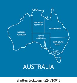 Australia State Map – White Outlined Regions on Blue Background with Labels. A simplified map of Down Under showing its division into states and territories: Western Australia, Northern Territory, South Australia, Queensland, New South Wales, and Victoria. Each region is labeled in white against a blue background, with the word "AUSTRALIA" displayed below the map in capital letters. This clean and educational layout is ideal for use in geographic infographics, travel guides, editorial compositions, and classroom materials. Suitable for both commercial and editorial use across print and digital platforms.