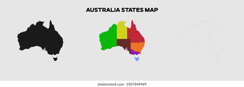 Australia States Map in colors. EPS file also in selhoutte and outlined form. Editable EPS file.
