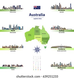 Australia states map with skylines of capital cities. Vector illustration