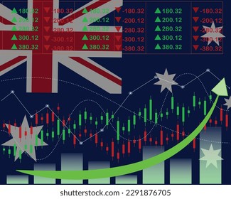 Aumento de las existencias de Australia en el diseño del concepto de vectores en el mercado con antecedentes de la bandera de Australia