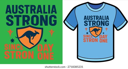 Australia Strong Shield Graphic, Kangaroo Emblem, Patriotic Message, Since Day One Design, Blue Shirt Mockup, Bold National Pride
