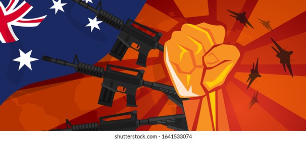 Australia style of war propaganda hand fist strike with arm plane and flag. Vintage red symbol of aggression and rebellion 
