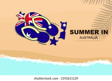 Australia Summer Holiday Vector Banner, Beach Vacation Concept, Flip Flops Sunglasses Starfish On Sand, Copy Space Area, Australia Summer Travel And Tourism Idea With Flag