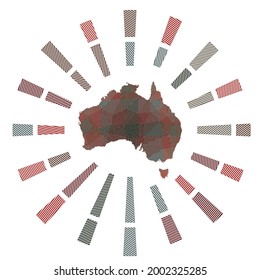 Australia sunburst. Low poly striped rays and map of the country. Modern vector illustration.