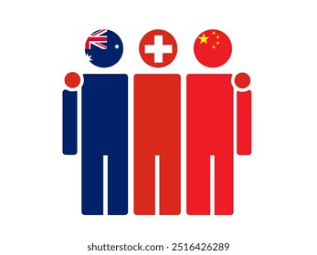 Banderas nacionales de Australia, Suiza y China con cuerpo abrazado. Ilustración vectorial. Fondo aislado.