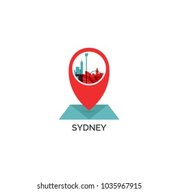Australia Sydney map city pin point geolocation modern skyline shape pointer vector flat logo web icon illustration