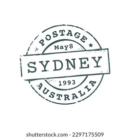 Australia Sydney postage and postal rubber stamp. Vector round seal with envelope, post delivery emblem. International mail control sign