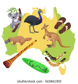 Australia symbols set isolated on map. Koala and kangaroo, sport activities surfboard and boomerang, flightless bird ostrich, duck-billed platypus, didgeridoo wind instrument vector illustration