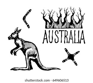 Australia symbols and signs. Vector sketch hand-drawing a gel pen.  Kangaroo and baobab tree.