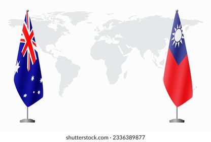 Australia and Taiwan flags for official meeting against background of world map.