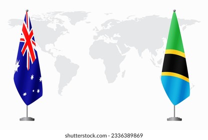 Australia and Tanzania flags for official meeting against background of world map.