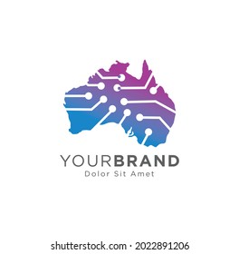 Ilustración de diseño de plantillas de logotipo tecnológico de Australia. Logo digital de tecnología australiana Icono moderno innovador, mapa australiano