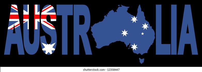 Texto de Australia con mapa en la ilustración de la bandera australiana