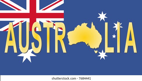 Australia text with map on Australian flag illustration