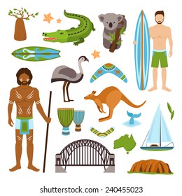 Australia tourism nature and culture icons set with crocodile yacht kangaroo isolated vector illustration