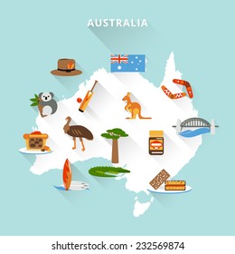 Australia tourist map concept with travel food sport nature icons vector illustration