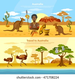 Australia travel banner Australian aborigines Australia people and animals kangaroo ostrich koala vector illustration 