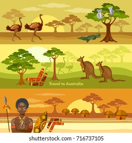 Australia travel banner. Outdoors australia people and animals kangaroo ostrich australian aborigines  