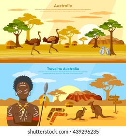 Australia travel banner Australia people and animals kangaroo ostrich koala vector illustration 