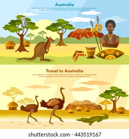 Australia travel banner Australia people and animals kangaroo ostrich koala vector illustration 