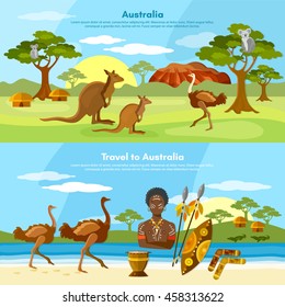 Australia travel banner people and animals australian aborigines kangaroo ostrich koala vector illustration 