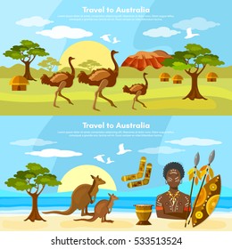 Australia travel banner Australia, people and animals. Australian aborigines, kangaroo, ostrich, vector illustration 