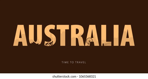 Australia. Travel bunner with silhouettes of sights. Time to travel. Vector illustration
