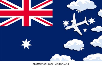 Australia travel concept. Airplane with clouds on the background of the flag of Australia. Vector illustration