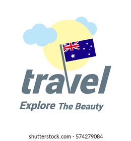 Australia Travel Country Flag Logo. Explore the The Beauty lettering with Sun and Clouds and creative waving flag. travel company logo design - vector illustration