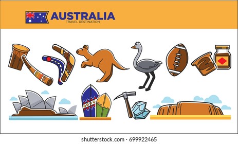 Australia travel destination poster with national symbols set