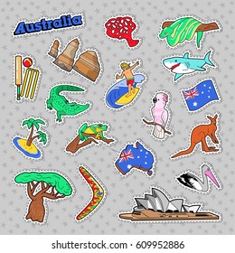 Australia Travel Elements with Architecture and Animals. Vector Doodle
