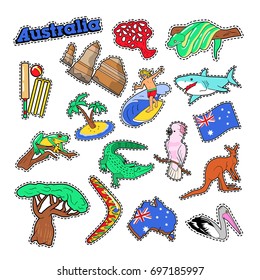 Australia Travel Elements with Architecture and Animals. Vector Doodle