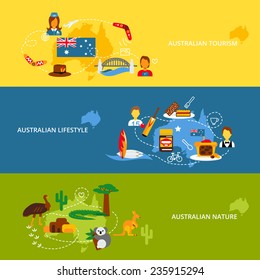 Australia Travel Flat Banner Set With Australian Tourism Lifestyle Nature Isolated Vector Illustration