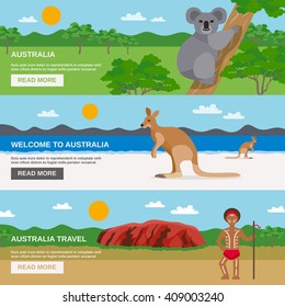 Australia travel horizontal banners set with beach desert aborigine and wildlife isolated vector illustration