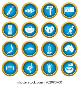 Australia travel icons blue circle set isolated on white for digital marketing