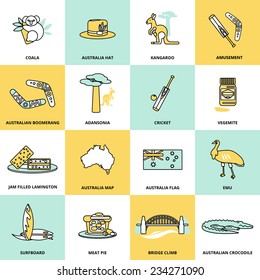 Australia travel icons flat line set with jam filled lamington map flag emu isolated vector illustration