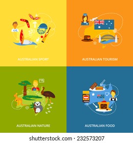 Australia travel icons flat set with australian sport tourism nature food isolated vector illustration