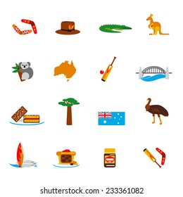 Australia travel icons flat set with koala continent cricket bridge isolated vector illustration
