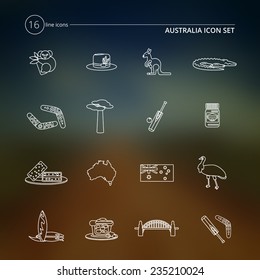 Australia travel icons outline set with adansonia vegemite surfboard meat pie isolated vector illustration