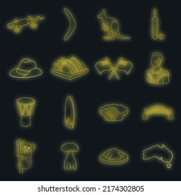 Australia travel icons set. Illustration of 16 Australia travel vector icons neon color on black