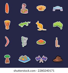 Australia travel icons set stikers collection vector with shadow on purple background