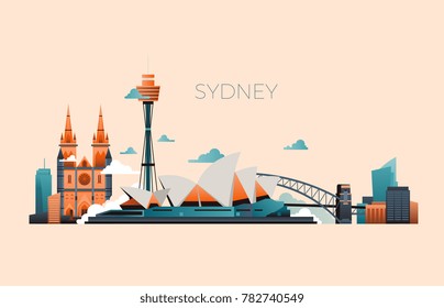 Australia Travel Landmark Vector Landscape With Sydney Opera And Famous Buildings. Sydney City Architecture, Landmark And Panorama Building Illustration