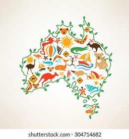 Australia travel map, decorative symbol of Australia continent with ethnic vector icons