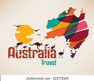 Australia travel map, decorative symbol of Australia continent with jumping kangaroos silhouettes