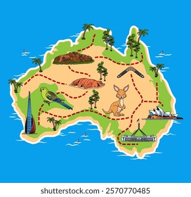 Australia Travel Map illustration with symbols of various tourist attractions and animals on a plain blue background. Great for children's map designs.