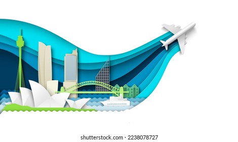 Australien Reisepapier geschnitten 3D Vektorgrafik. Abstrakte Skyline mit wegweisender Kartenarchitektur. Sydney Stadt entdecken. Abenteuer- und Tourismuskonzept