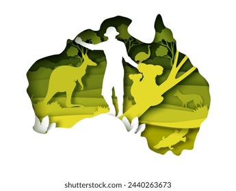 Australia travel papercut poster with wild nature, animals and adventurer silhouette exploring environment craft origami art vector illustration