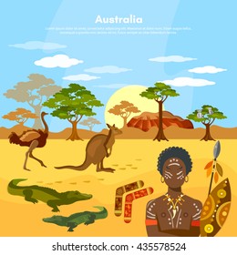 Australia travel people and animals in Australian aborigines kangaroo ostrich vector illustration 